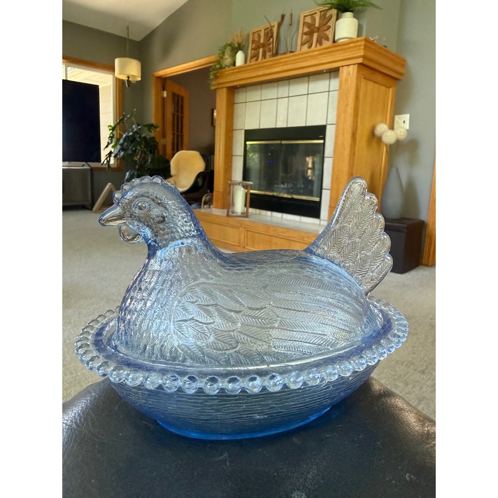 Vintage Indiana Blue Glass Hen on Nest Covered Dish Beaded Rim Candy Bowl Farm